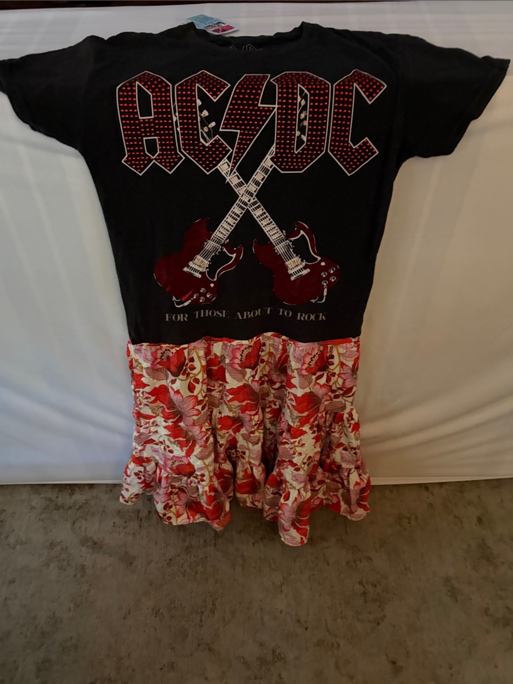 Upcycled AC/DC Black Tee Dress with Red Floral Skirt